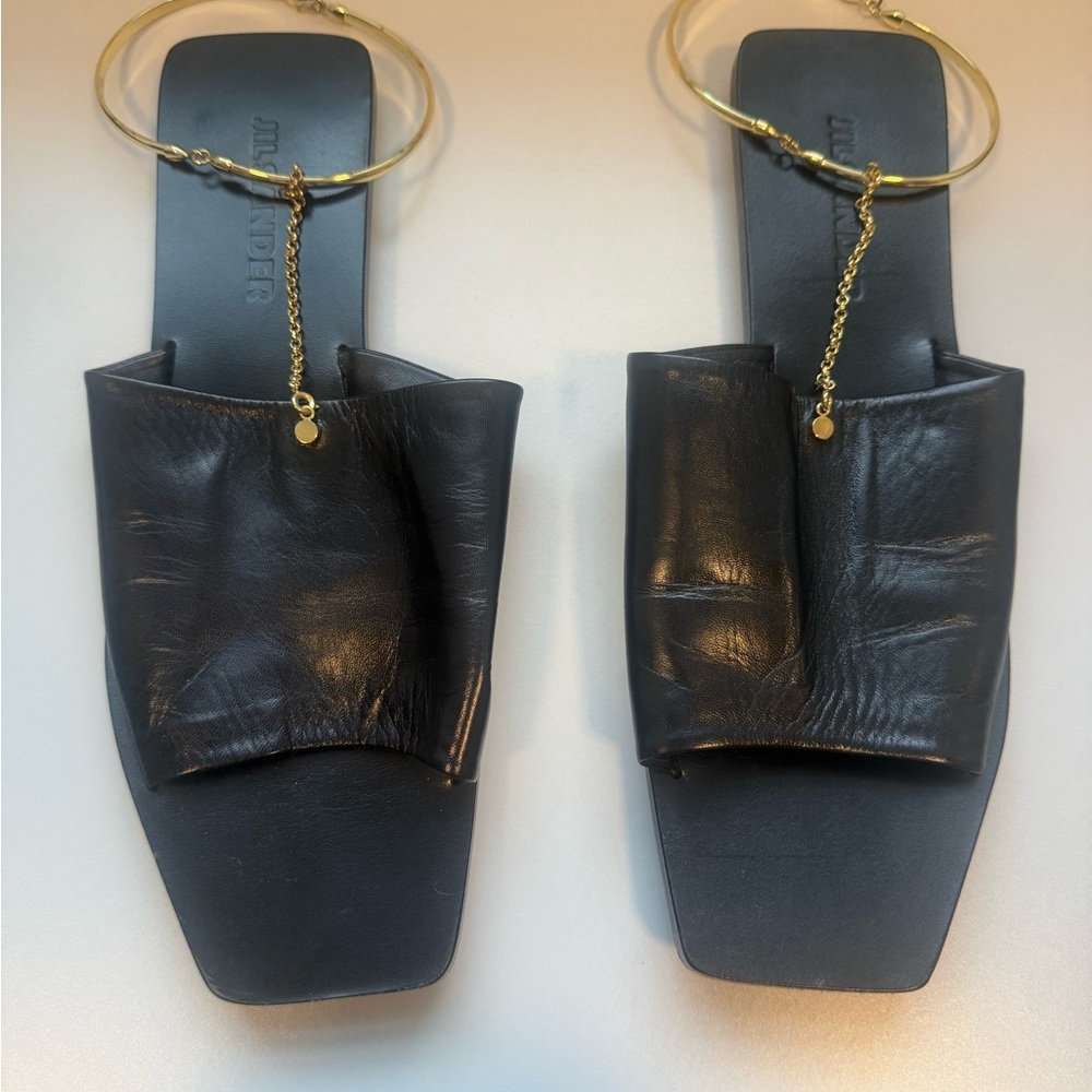 Jil Sander Black Leather Slides with Gold Rings - Picture 4 of 6